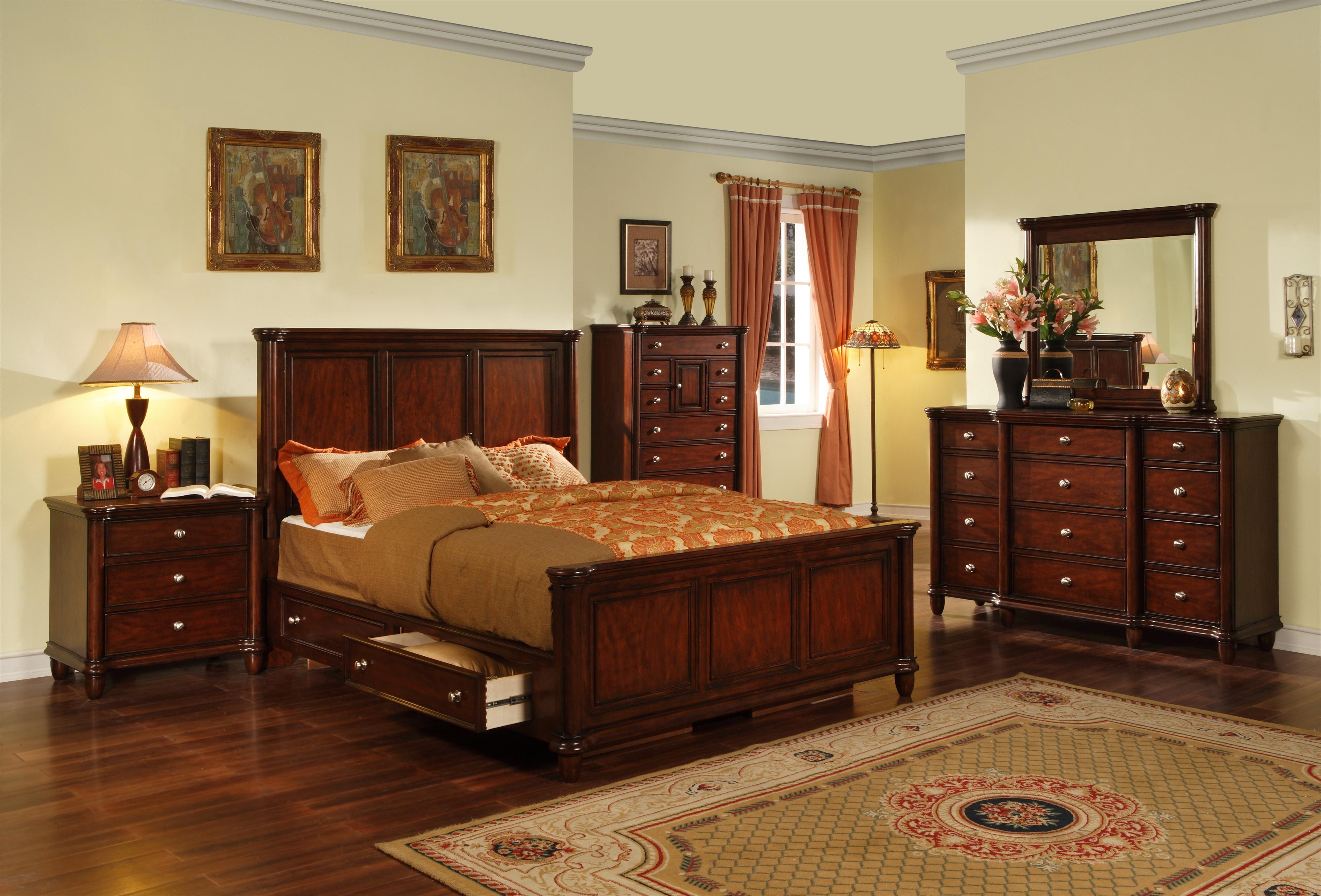 Hamilton Queen Transitional Rich Brown Panel Bed with Storage Drawer